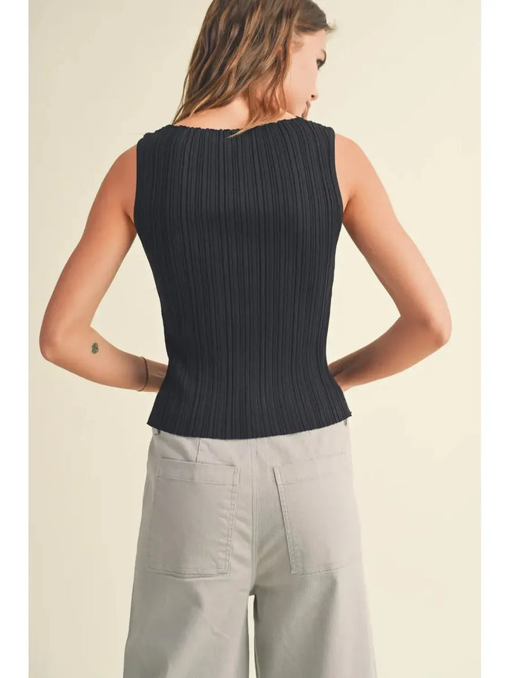 Miou Muse - Viscose Ribbed Knitted Top in Black