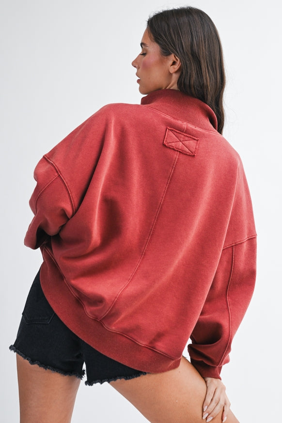 AEMI + CO - Oversized Snap Neck Pullover Sweatshirt