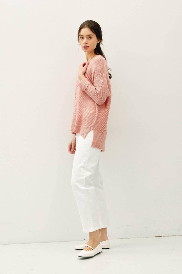 Be Cool - V-Neck Dolman Cuff Sleeve Sweater in Blush