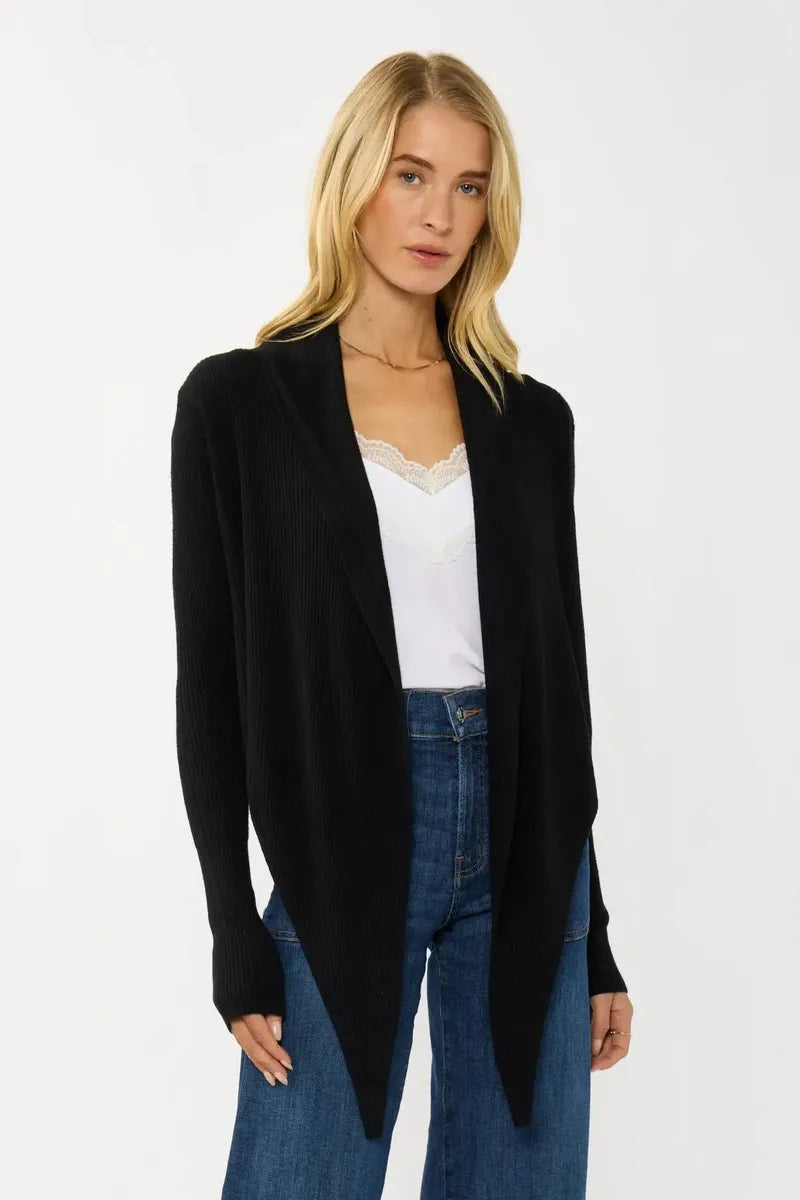 Lovestitch - Waffle Knit Long Sleeve Tie Front Cardigan in Black