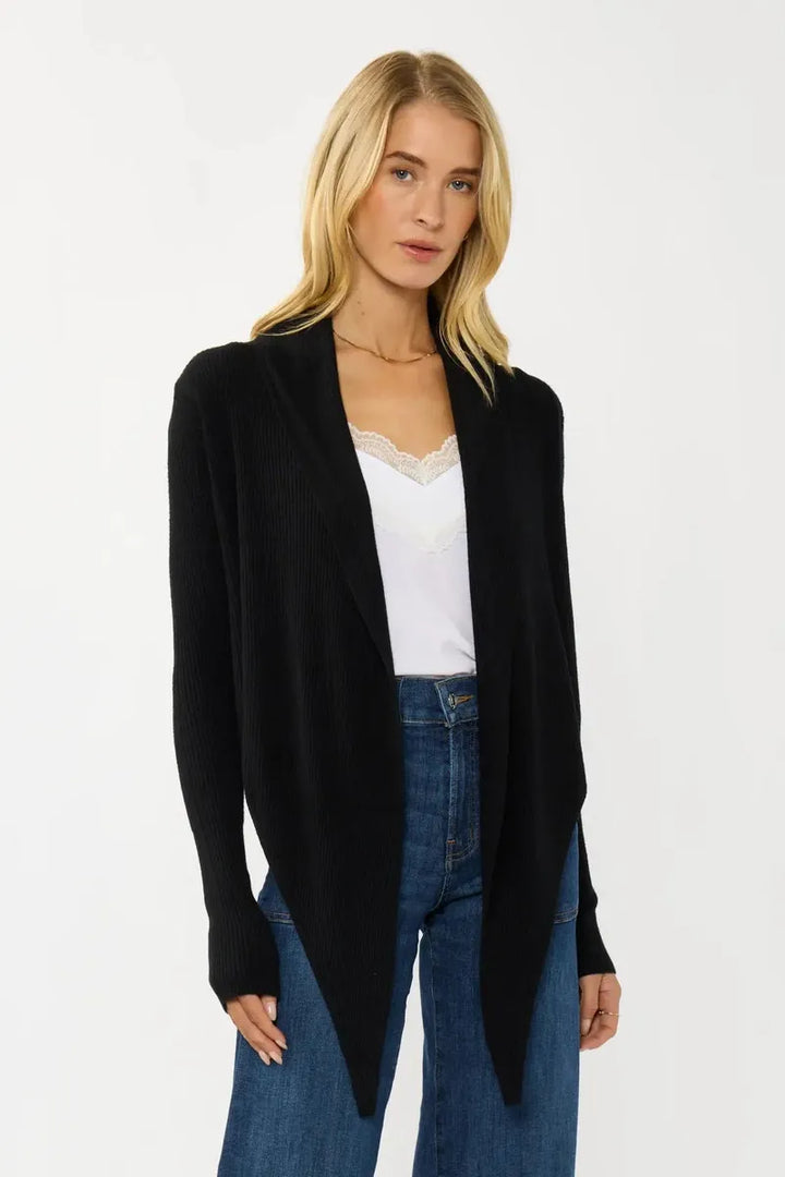 Lovestitch - Waffle Knit Long Sleeve Tie Front Cardigan in Black