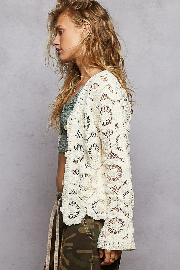 Pol Clothing - Open Knitted Button Down Crochet Sweater Cardigan