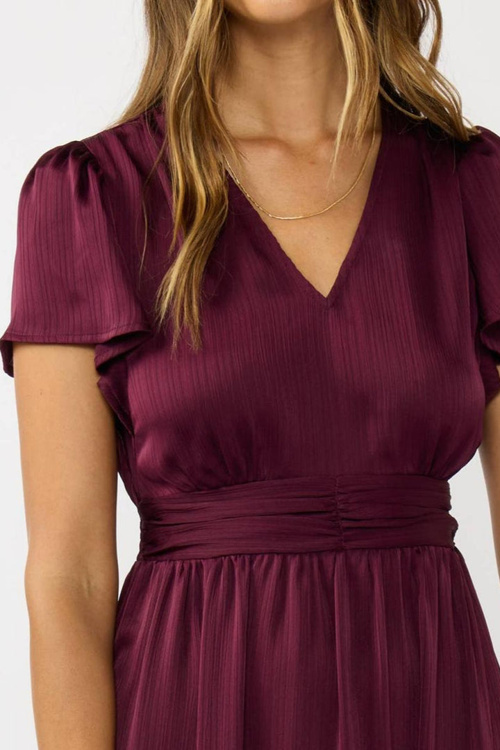 Lovestitch - Flutter Sleeve V-Neck Midi Dress in Merlot