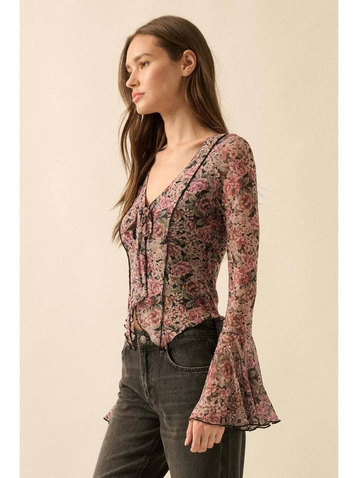 Promesa USA - Floral-Print Mesh Tie-Neck Bell-Sleeve Top in Black
