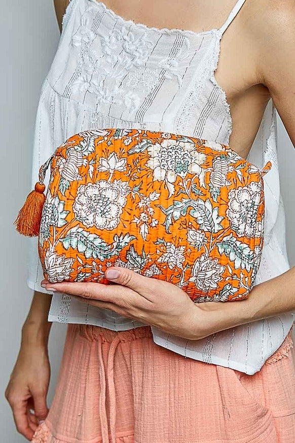 Pol Clothing - Floral Quilted Tassel Cosmetic Pouch Bag