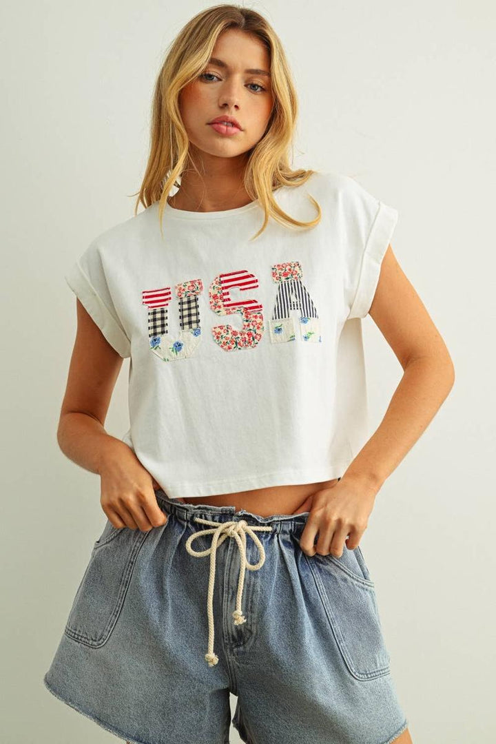 Miou Muse - USA Floral Patchwork Tee in White
