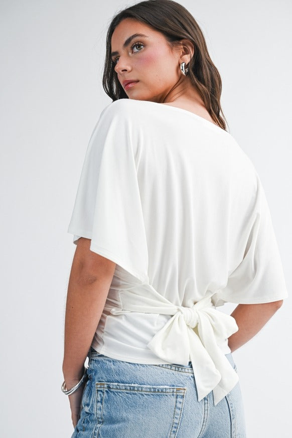 AEMI + CO - Draped Short Sleeve Back Tie Top