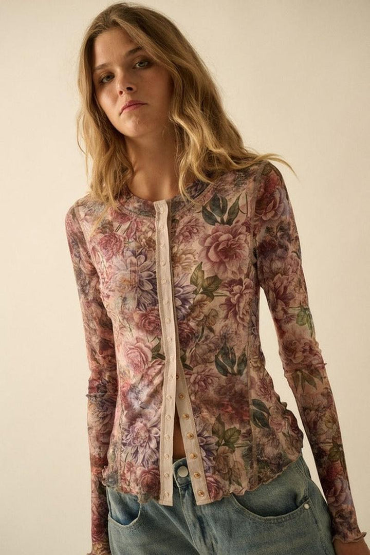 Promesa USA - Floral-Print Mesh Snap-Front Long-Sleeve Top
