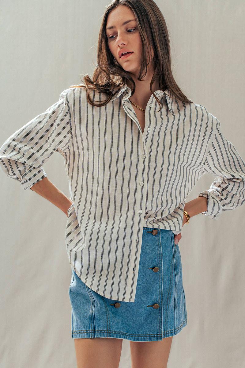 Urban Daizy - Striped Linen Blend Button Up Shirt in Natural