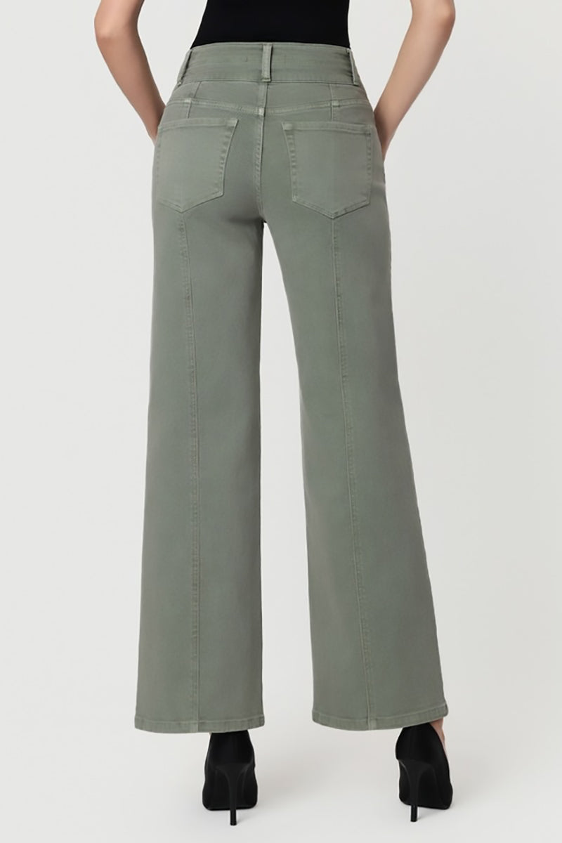 FLYING MONKEY - Super High Rise Double Waistband 2 Buttons Wide Leg Pants in Sage Green