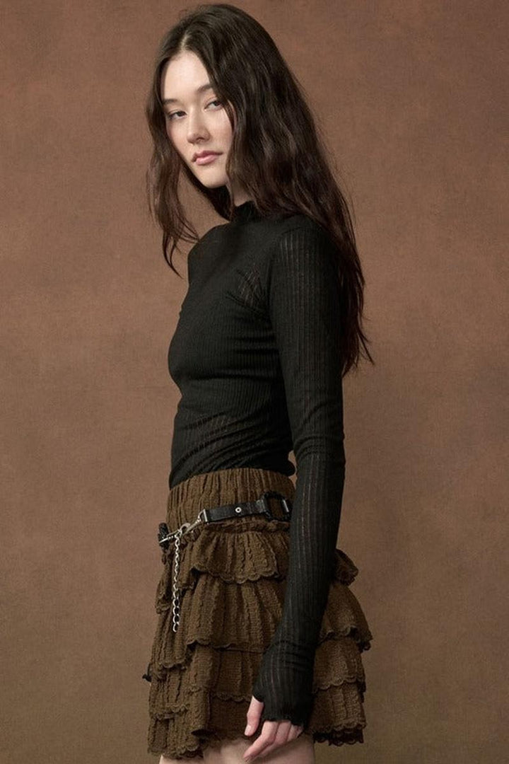 Promesa USA - Semi-Sheer Ribbed Knit Mock-Neck Long-Sleeve Thumbhole Top