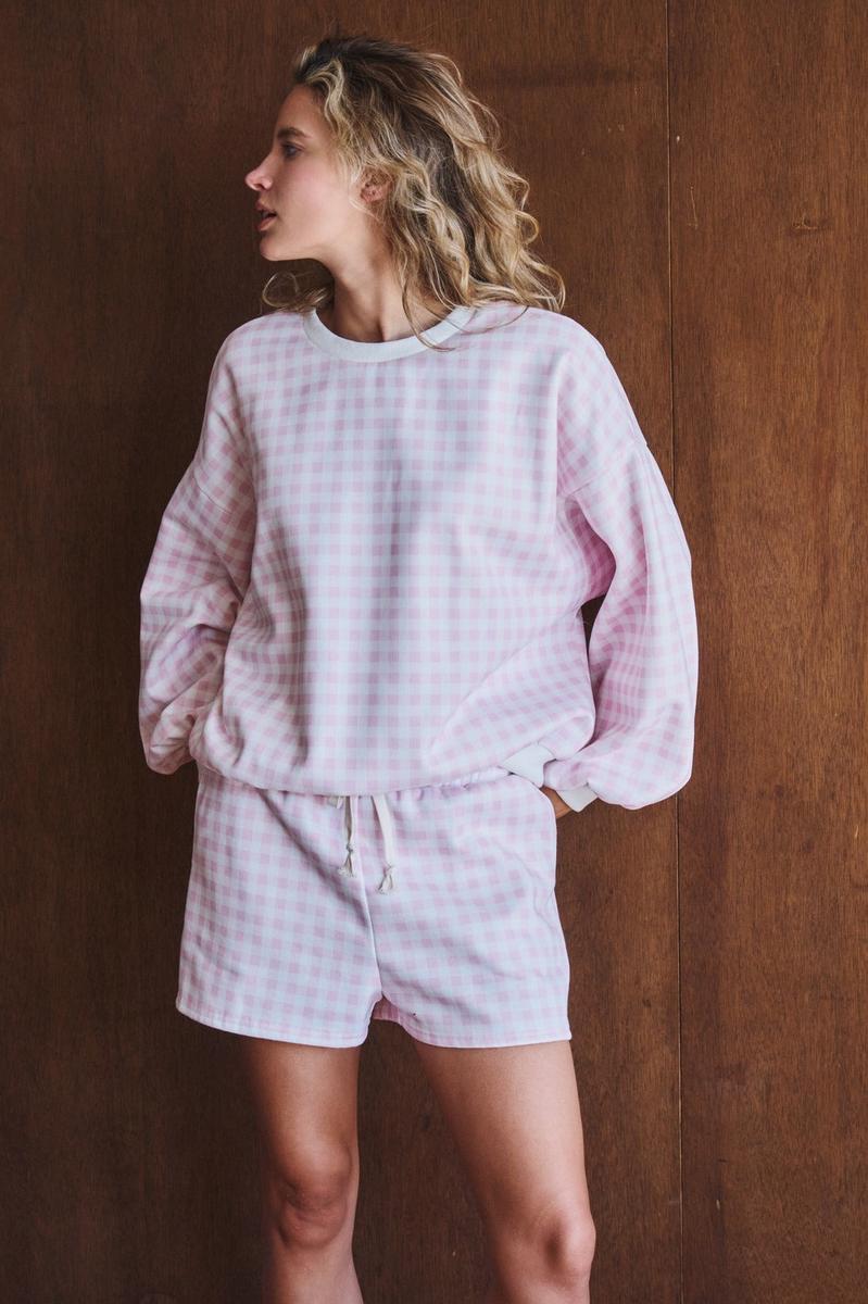 Urban Daizy - Gingham Fuzzy Knit Lounge Set in Pink