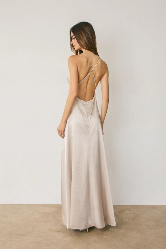 Dress Forum - Satin Open Back Padded Plunging Maxi Dress