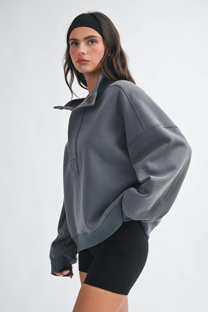 AEMI + CO - Oversized Snap Neck Pullover Sweatshirt in Charcoal