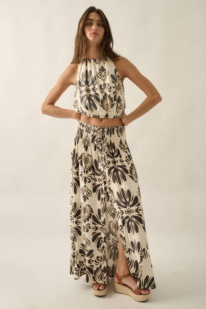 Promesa USA - Ornate Floral-Print Button-Front Drawstring Maxi Skirt