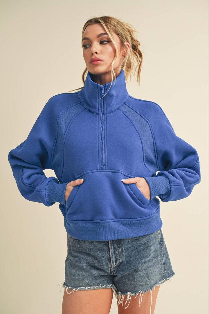 AEMI + CO - Dove Funnel Neck Half Zip in Cobalt