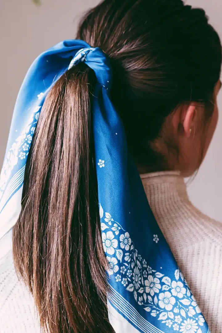 Flora West Design - 100% Silk Bandana Scarf -Santorini Floral China Blue Western