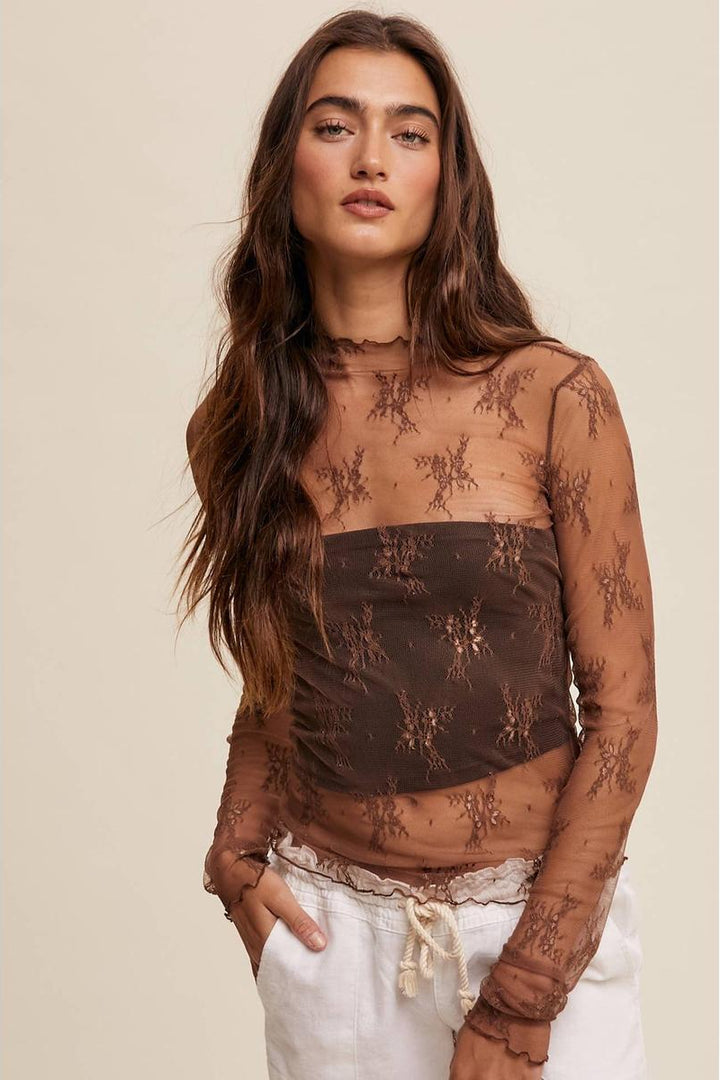 Listicle - Sheer Lace Long-Sleeve Top in Mocha