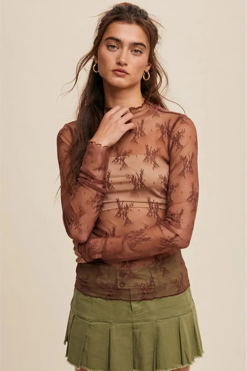 Listicle - Sheer Lace Long-Sleeve Top in Red Bean