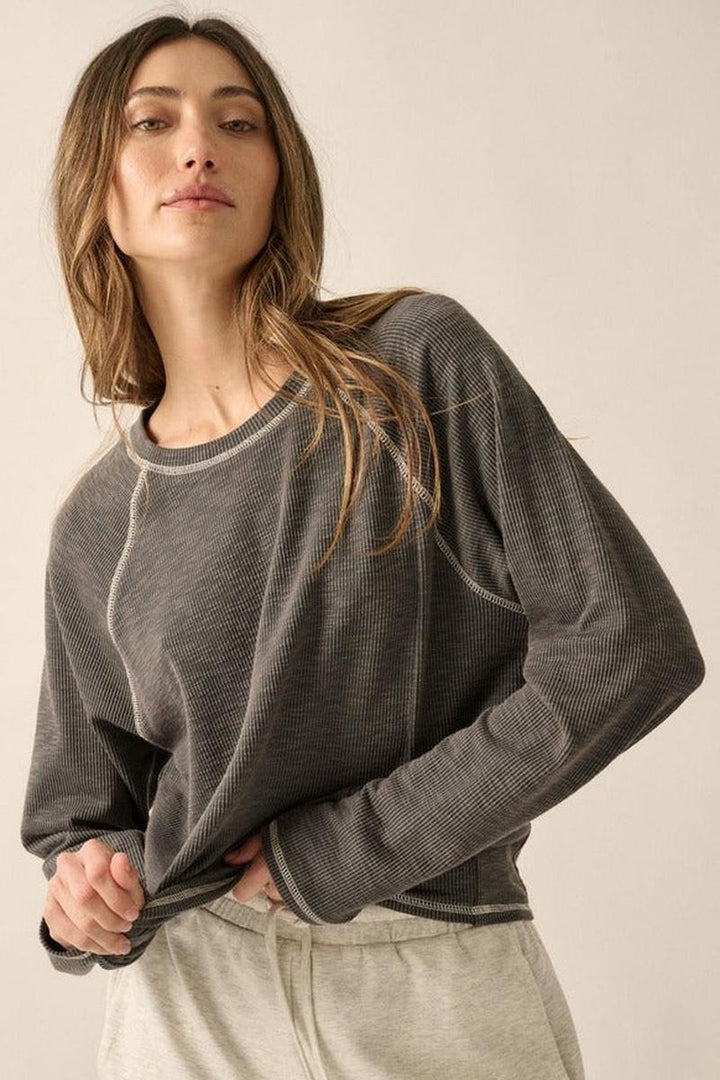 Promesa USA - Reverse Seam Raglan Sleeve Rib-Knit Top in Dark Chambray