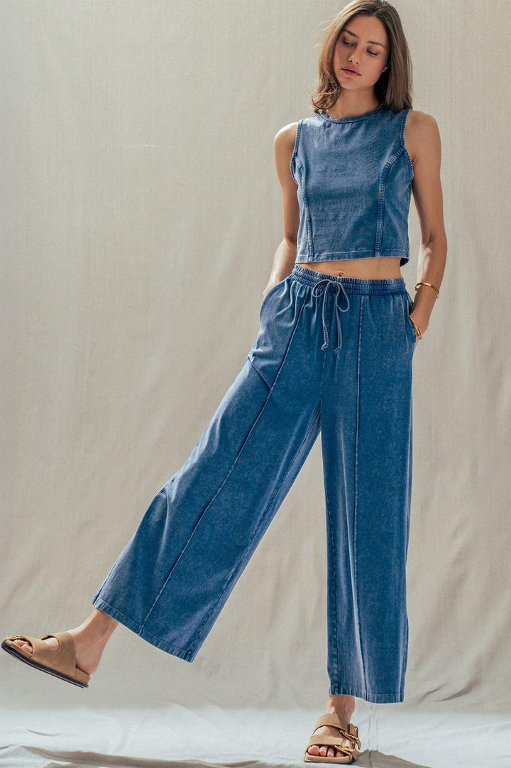 Urban Daizy - Mineral Wash Cotton Crop Tank & Wide Leg Pant Set in Navy