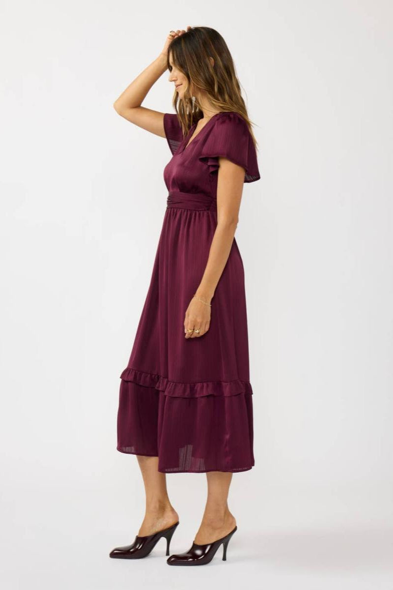 Lovestitch - Flutter Sleeve V-Neck Midi Dress in Merlot