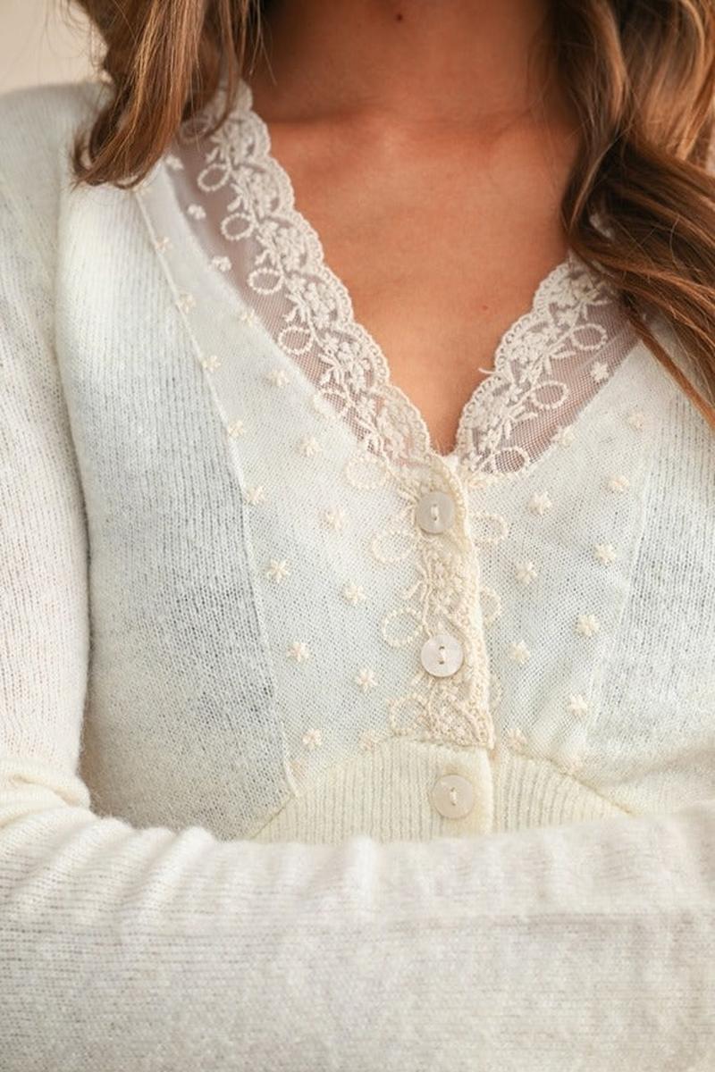 MIOU MUSE - Lace Contrasted Knitted Cardigan