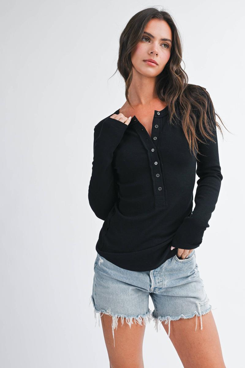 AEMI + CO - Henley Long Sleeve Top in Black