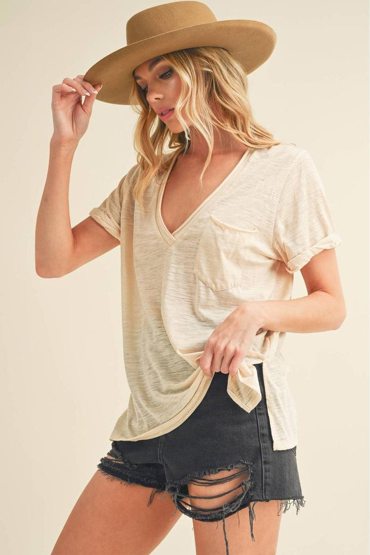 AEMI+CO - Zoie V-Neck Short Sleeve Tee in Ivory
