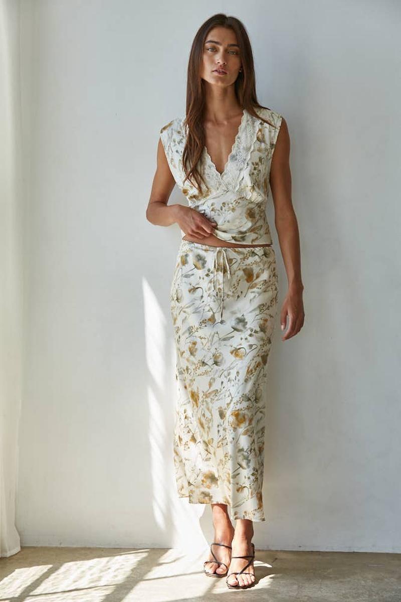 By Together - Woven Polyester Floral Print Midi Skirt in Cream