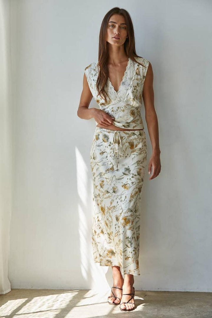 By Together - Woven Polyester Floral Print Midi Skirt in Cream