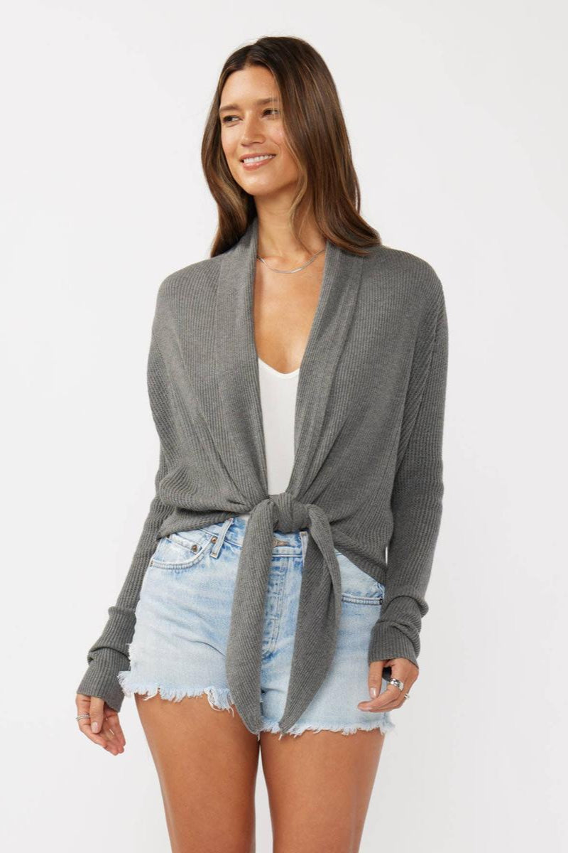 Lovestitch - Waffle Knit Long Sleeve Tie Front Cardigan in Black