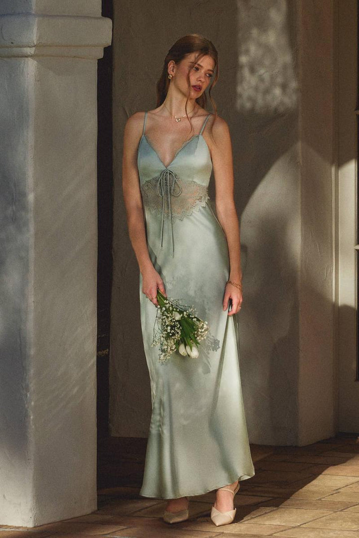 Dress Forum - Dull Satin Lace Detail Maxi Dress in Light Sage