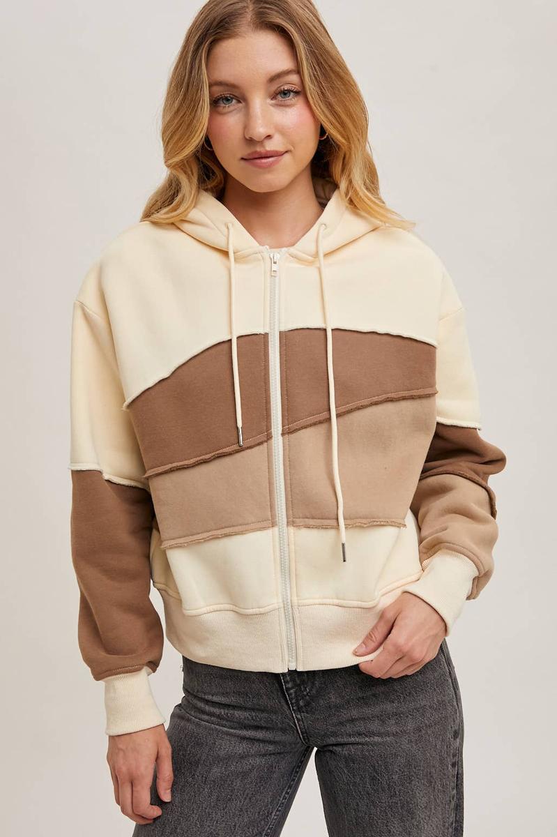 Bluivy - Zipper Front Patchwork Landscape Hoodie in Mocha Combo