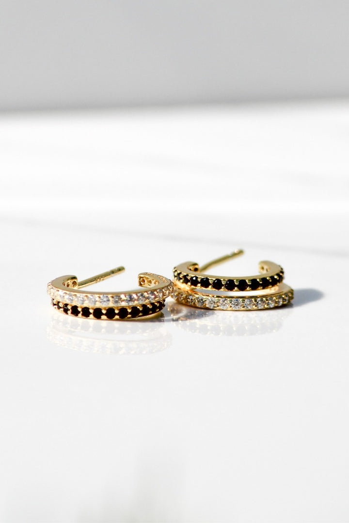 Native Gem - Evil Twin Huggies Edge with Black and White Cubic Zirconia in 14k Gold Vermeil