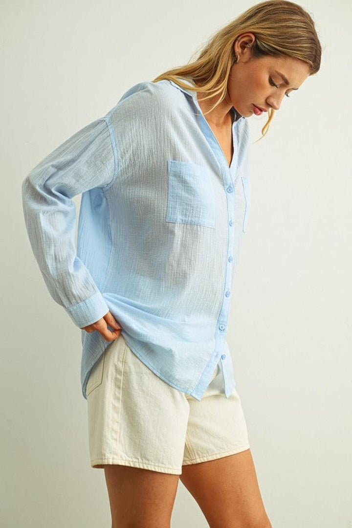 MIOU MUSE - Buttondown Basic Cotton Shirts in Sky Blue