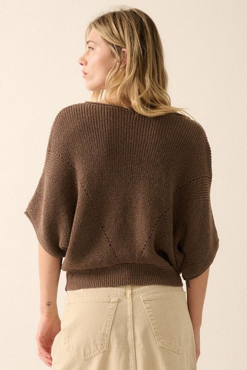 Promesa USA - Short-Sleeve Pointelle Ribbed Knit Sweater in Espresso