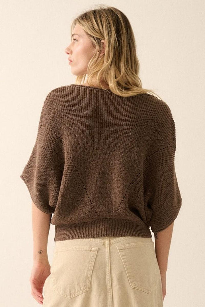 Promesa USA - Short-Sleeve Pointelle Ribbed Knit Sweater in Espresso