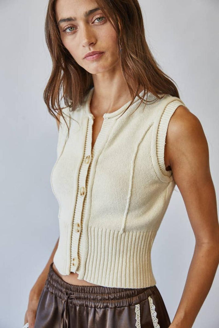 Creamon - Natural Roll Up Neck Sweater Vest Top