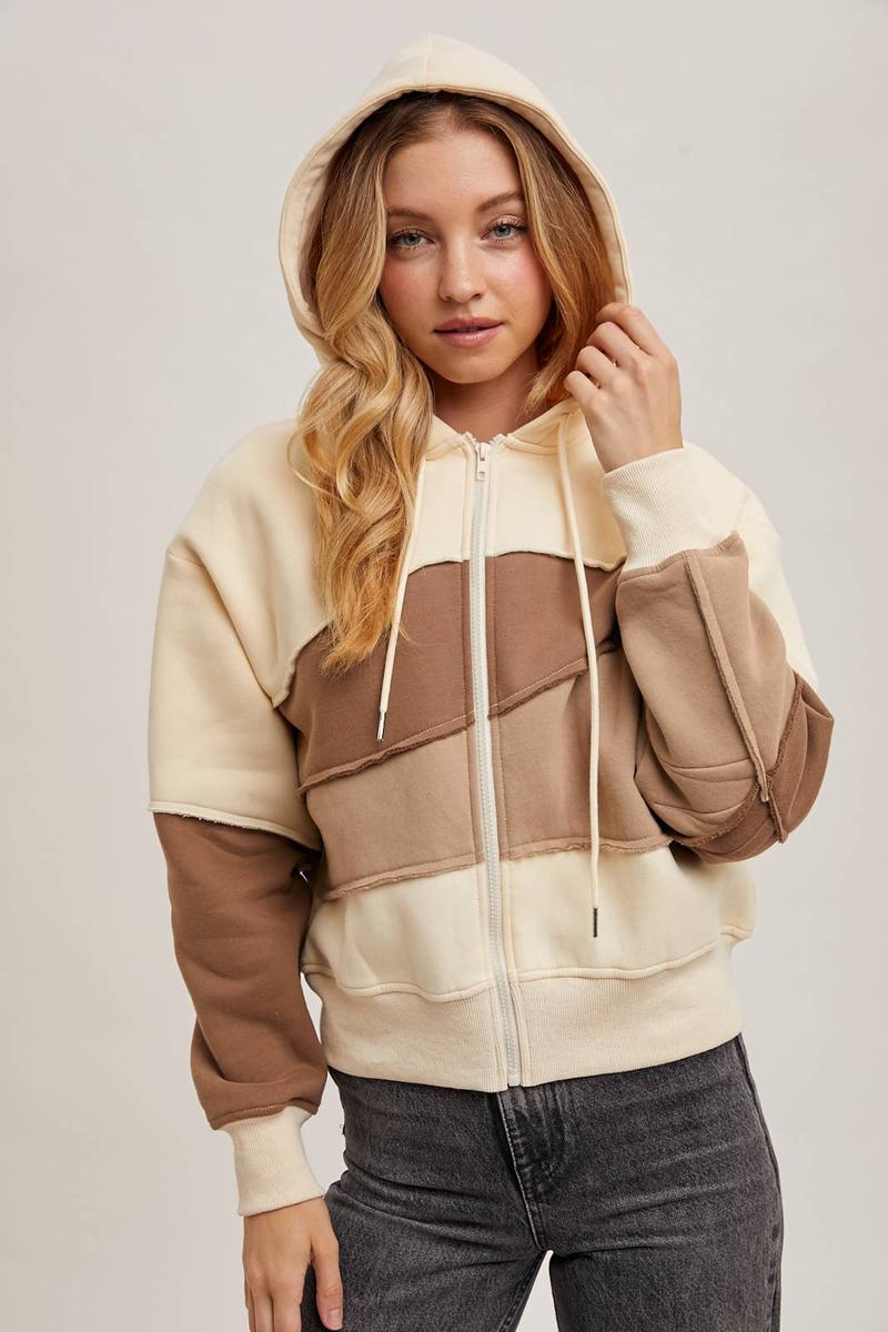 Bluivy - Zipper Front Patchwork Landscape Hoodie in Mocha Combo