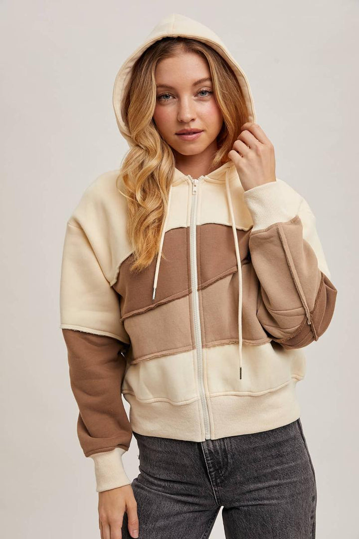 Bluivy - Zipper Front Patchwork Landscape Hoodie in Mocha Combo