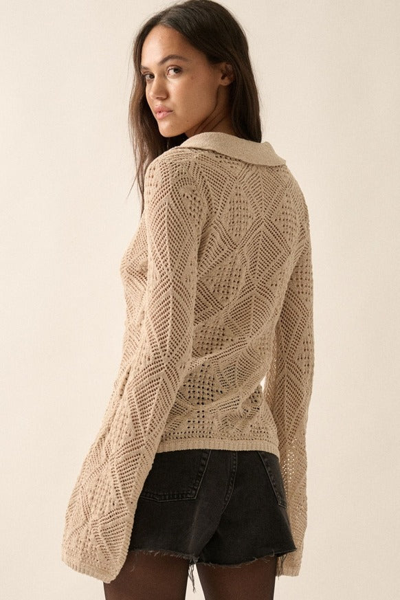 Promesa USA - Solid Geometric-Pointelle Bell-Sleeve Cardigan