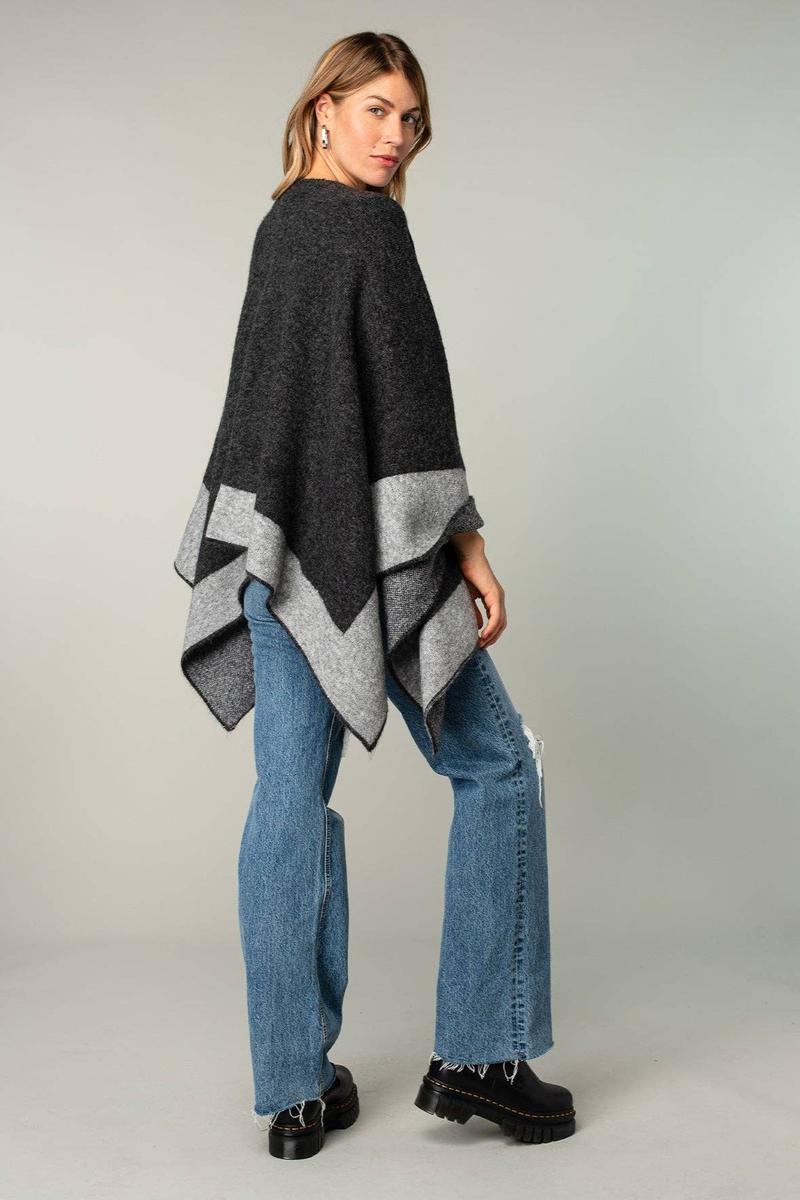 Lovestitch - Relaxed Color Block Cape Cardigan Poncho in Charcoal
