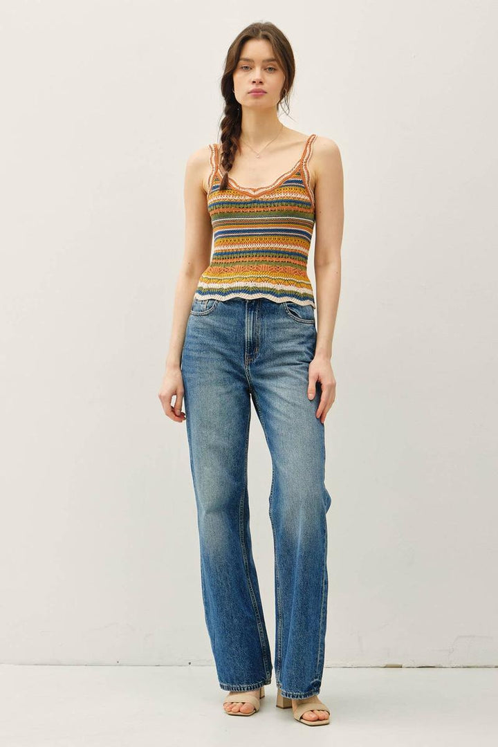 Be Cool - Scalloped Edges Multi Color Striped Knit Tank in Teal Combo