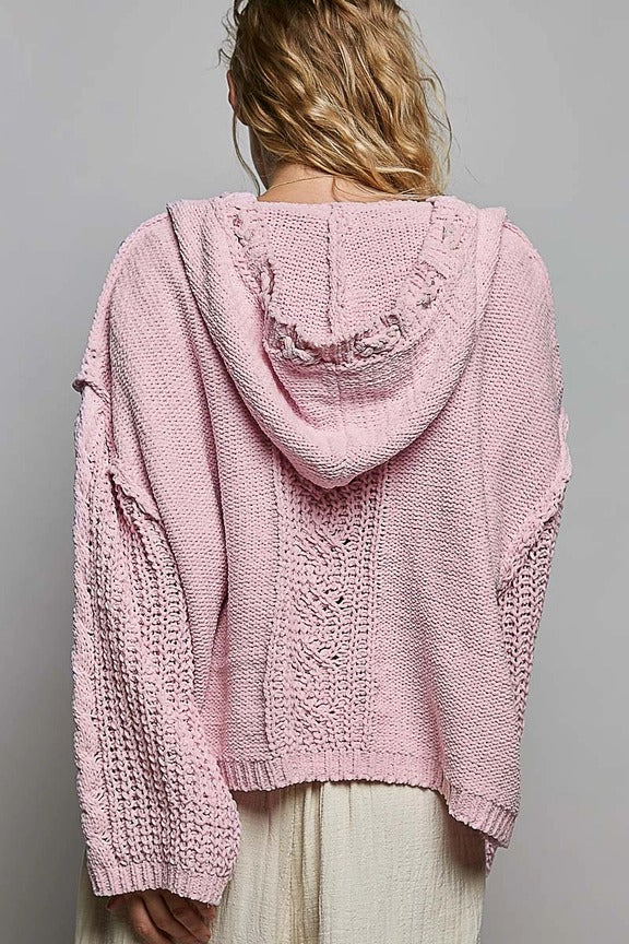 Pol Clothing - Oversize Fit V-Neck Hooded Cable Knit Chenille Sweater