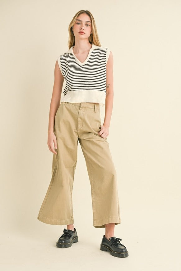 MIOU MUSE - V-Neck Stripe Collar Knitted Top