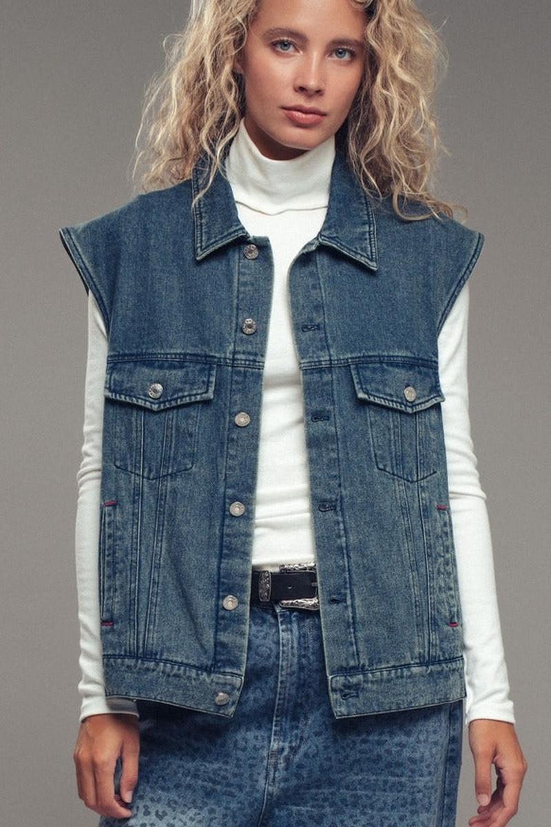 Urban Daizy - Western Sunset Embroidered Denim Vest in Denim Blue