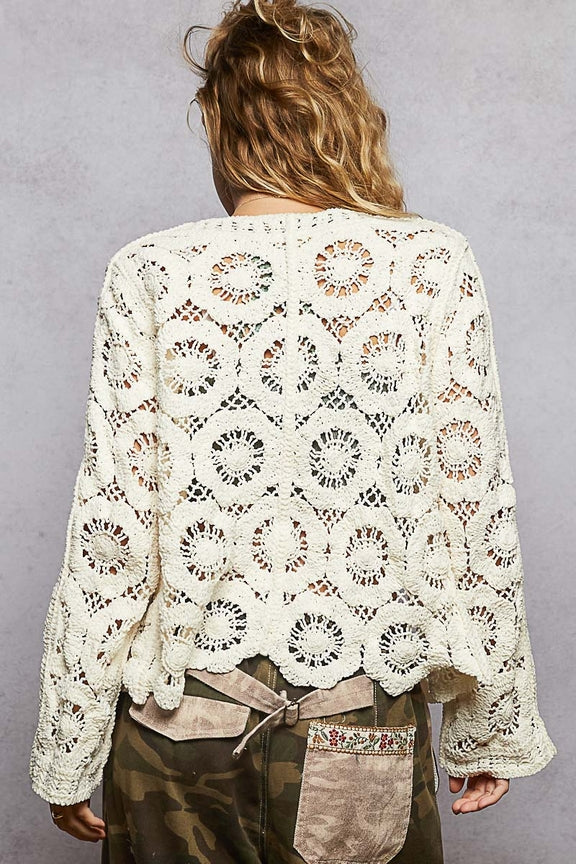 Pol Clothing - Open Knitted Button Down Crochet Sweater Cardigan