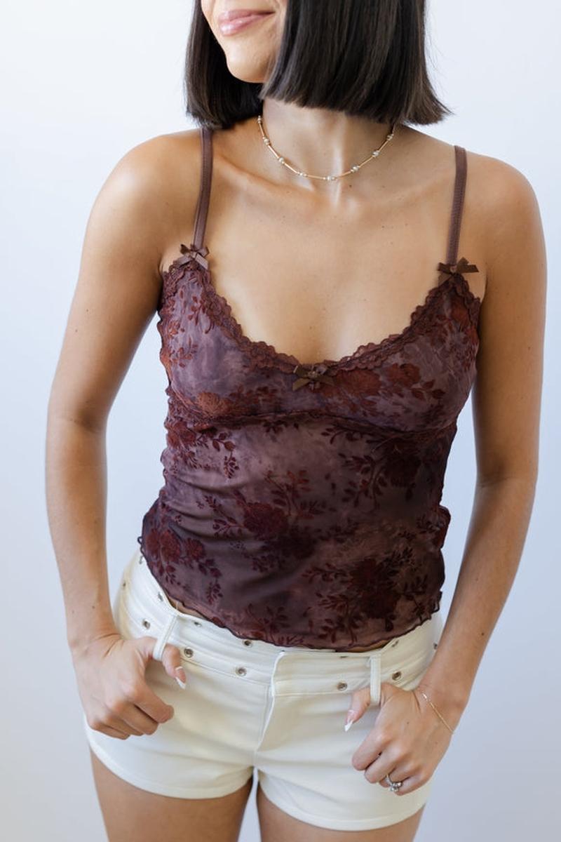 Nectar Clothing - Floral Flocked Mesh Cami Top