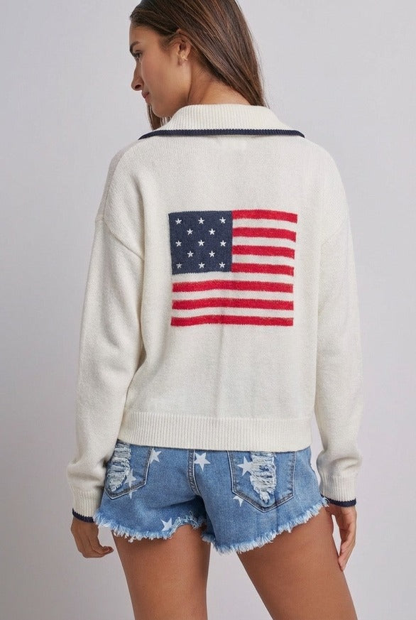 Urban Daizy - Americana Flag Quarter-Zip Knit Sweater